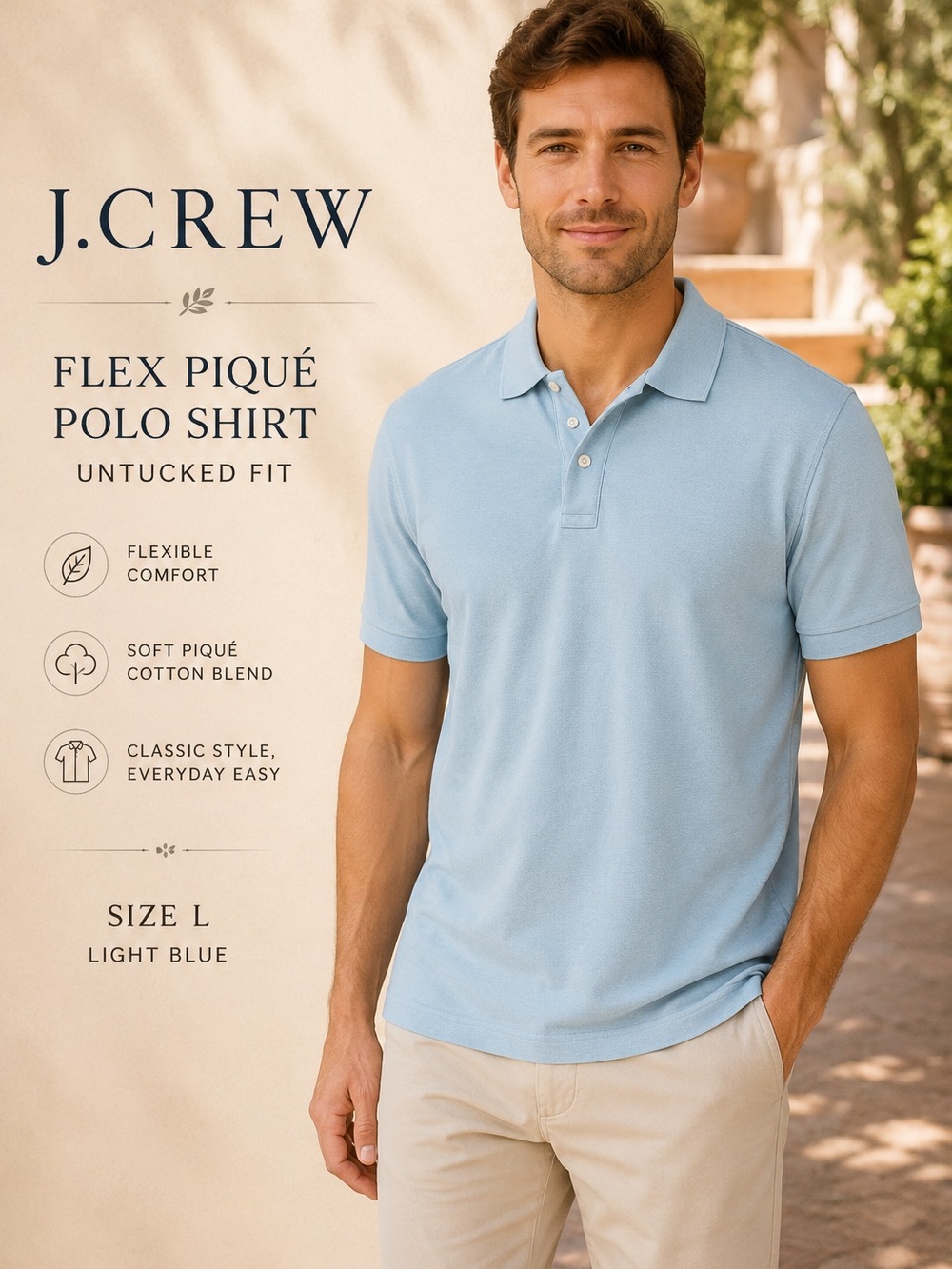 J.Crew Flex Piqué Polo Shirt Untucked Fit Light Blue Men’s Large